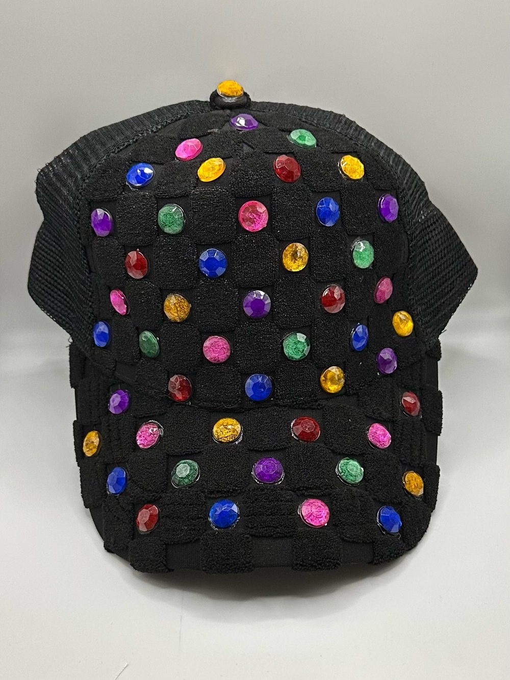 Black Jeweled Cap with Multicolor Gems